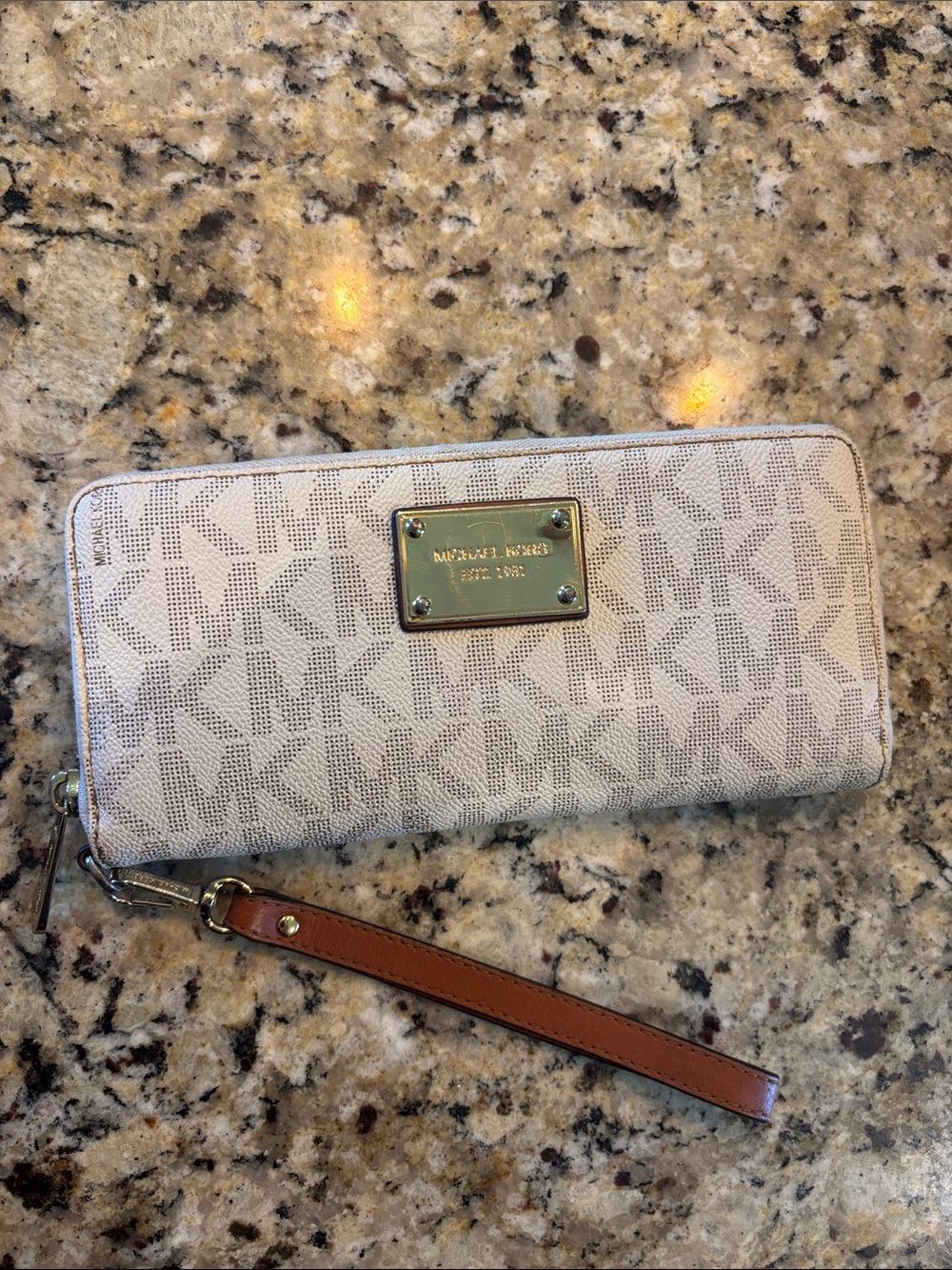 Michael Kors Beige Logo Zip-Around Wallet with Brown Wristlet